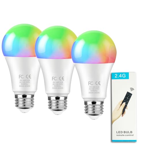 GRV 9W A60 Smart Glühbirne mit einer 2.4GHz Fernbedienung, RGBCW Farbwechsel Led Glühbirne, dimmbare 3000K-6500K, 80W Glühlampe äquivalent, 830LM,E27 Basis, Home Decor,1 Fernbedienung und 3 Glühbirne