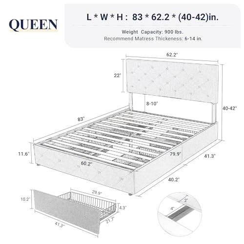 image for Allewie Upholstered Queen Size Platform Bed Frame with 4 Storage Drawe