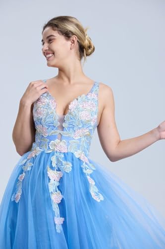 Tulle Prom Dresses V Neck Wedding Dresses Floral Embroidery Applique Quinceanera Dresses3