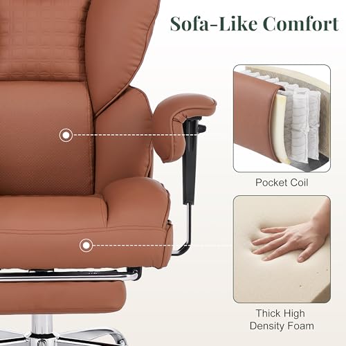 Image of Big and Tall Ergonomic Office Chair,400 LBS,High Back Reclining PU Leather Gaming Chair with Footrest, Adjustable Armrests, Lumbar Support, Executive Desk Chair for Home Office, Brown