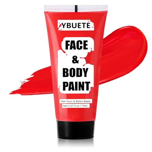YBUETE Devil Red Water Based Face Body Paint 2.37 OZ Large Tube Full Coverage Face Paint for Cosplay Joker Vampire Spiderman Washable Red Body Painting Cream for Adult Carnival Halloween SFX Makeup