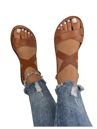 GORGLITTER Women's Criss Cross Gladiator Sandals Dressy Summer Cute Ankle Strap Open Toe Flat Sandals2