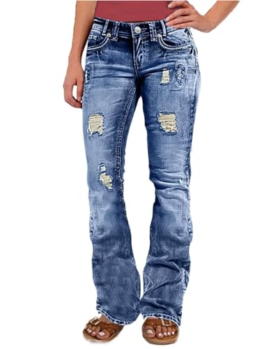 Flamingals Bootcut Jeans for Women Low Rise Stretchy Ripped Skinny Jeans Distressed Wash Western Jeans Trendy Denim Jeans