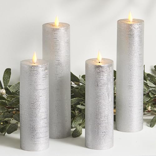 LampLust Flickering Flameless Candles, Set of 4 Silver Pillar Candles, Battery Operated, Romantic Candles, Great for Proposal Decorations, Wedding Centerpieces, Enchanted Forest Decorations by LampLust - Used condition - US$17.45