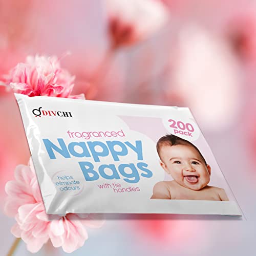 DIVCHI Baby Disposable Diaper Sacks Bags Dispenser Antibacterial Power Scented Nappy Disposal Bags Easy-Tie for Travel - 1 x 200 Pack (200 in Total)