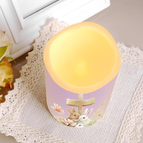 Image of Bunny and Cross Plastic Flameless Candles with Remote Control and Timer LED Flickering Battery Operated Color Changing Electric Pillar Candles Easter Decoration