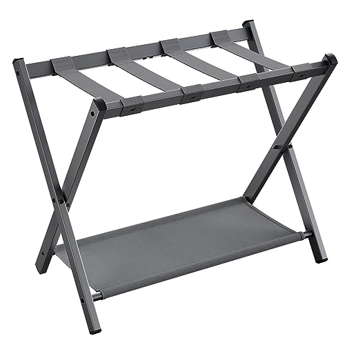 SONGMICS Luggage Rack with Shelf, Foldable & Slate Gray