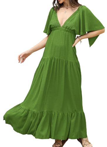 Image of Kikibell Women Summer Dresses Sexy V-Neck Maxi Dress Tiered Silhouette with Flutter Sleeve Backless Elastic Waist Flowy Dress