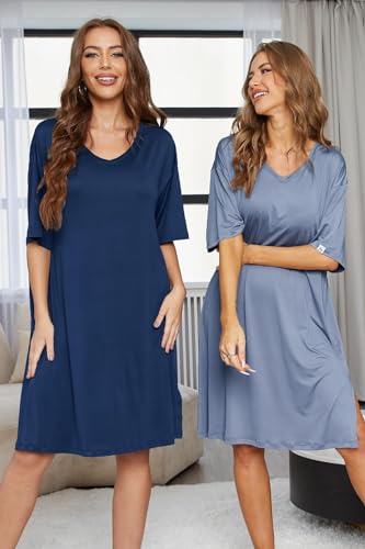 Image of ft FENTENG 2-Pack Women's Nightgowns Short Sleeve Nightshirt V Neck Soft Sleepwear Casual Sleepshirts Loose Pajama Dress