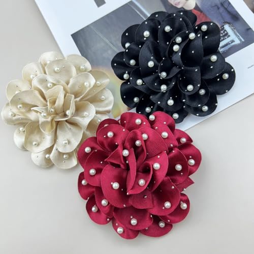 Image of Elegant Large Rose Flower Brooches Lapel Pins Handmade Dainty Satin Fabric Pearl Brooches Big Camellia Flower Brooch Pin for Women Wedding Part Dance Dress Suit Clothes Accessories Prom Jewelry
