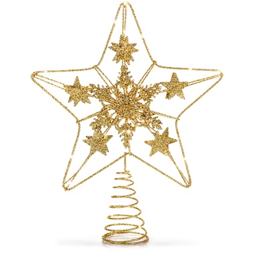 COM-FOUR® Deco Star Christmas - Estrela de decoração de Natal de metal, poinsettia de pé com purpurinas e lantejoulas, taça de árvore de Natal dourada (cor dourada/24,5 cm)
