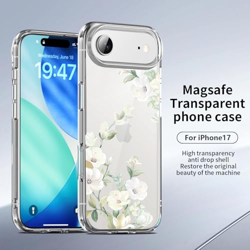 Image of Elzzi Compatible with iPhone 17 Air Case, Clear Transparent Floral Back Cover, Shockproof PC+TPU Protective Case, Wireless Charging Support, Green