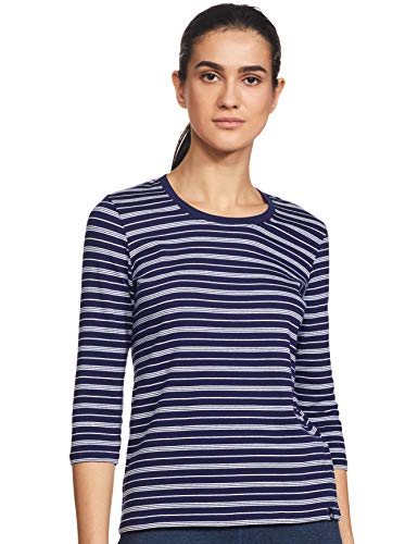 Image of Jockey 1360 Women's Super Combed Cotton Elastane Stretch Slim Fit Striped Round Neck Three Quarter Sleeve T-Shirt