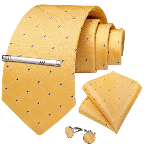 Image of DiBanGu Mens Silk Necktie Solid Color Tie and Pocket Square Cufflink Tie Clip Set Woven Plain Ties for Men Wedding Party