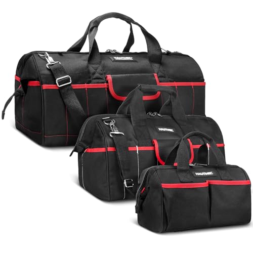 Image of HAUTMEC 3-Piece Large Tool Bag Set (12 inch / 18 inch / 24 inch), Heavy-Duty 1680D Wide Mouth Tool Bag with Metal Frame, Foldable Tool Tote Bag with Non-Slip Base, Double Zippers & Padded Shoulder Strap - HT0297