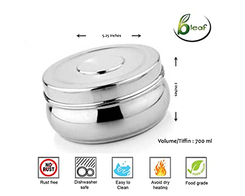 Image of BLeaf Stainless Steel- Single Container Lunch Box /Tiffin Box Without Clip-Food Grade 1 Tier (700ml)