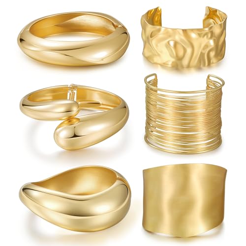 Chunky Gold Bangle Bracelets for Women, 14K Gold Plated Wide Cuff Stackable Bangles Set, Statement Large Cuff Bracelet Stack Jewelry Gifts for Women