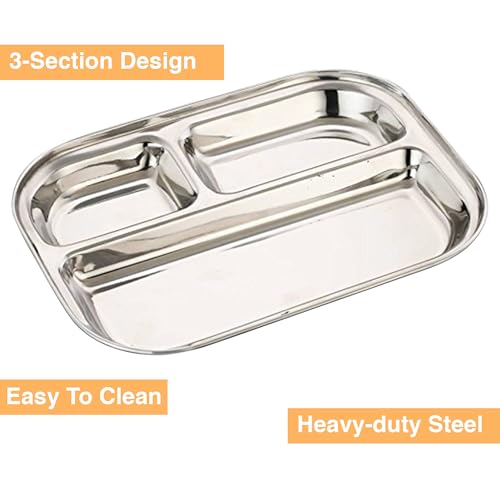 Image of EXPRESSO - Heavy Duty Stainless Steel Rectangle Dinner Plate w /3 Sections Divided Mess Plate /Thali /Bhojan Thali /Mess Tray /Dinner Plate | Plates for Lunch /Dinner Bhojan Plates Set of 5 Pcs