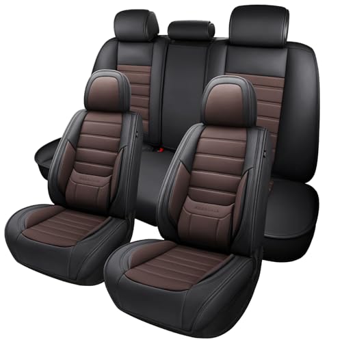 Image of MINGBRON Car Seat Covers Full Set, Brown Car Seat Cover Lumbar Support, Car Seat Protector Waterproof, Nappa Leather Car Seat Cushion, Front Seats and Back Fit for Most Cars