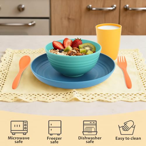 Image of Wheat Straw Dinnerware Sets, 20 PCS Service for 4, Dishwasher & Microwave Safe Kids Plates and Bowls Sets, Unbreakable Lightweight Outdoor Camping Dishes - Multicolor