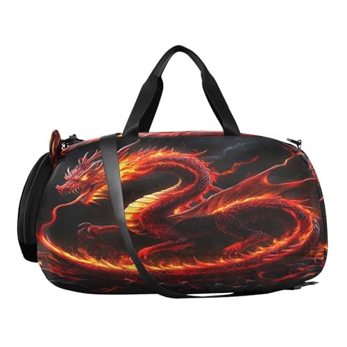 Gym Travel Duffle Bag for Boys Girls Fire Dragon Sports Dance Bag with Shoe Compartment & Wet Pocket Football Kids Travel Bag Teens Sleepover Carry2