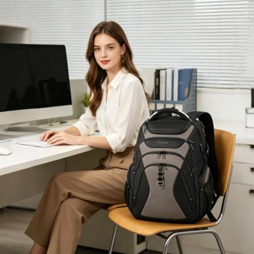 Image of KROSER Travel Laptop Backpack 18.4 Inch XXXL Gaming Backpack with Hard Shell Saferoom RFID Pockets Water-Repellent Business College Daypack Stylish Laptop Bag for Men /Women-Black Light Browm