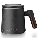 Teetasse mit Teesieb und Deckel 400ml Keramik Teebecher für grünen Tee Kaffeemomente (Schwarz)
