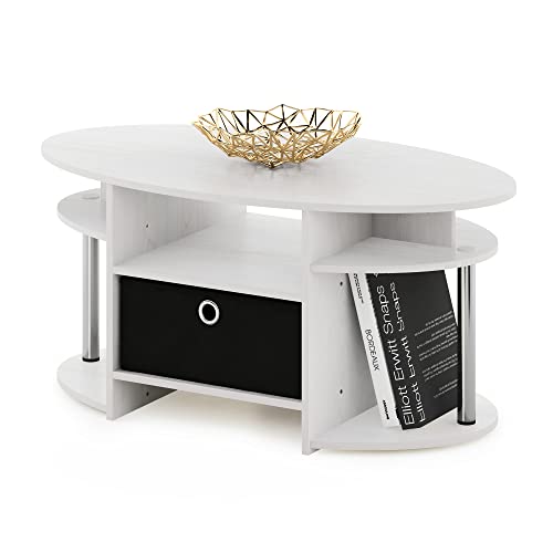 Furinno Jaya Table Basse Ovale avec Poubelle, Engineered Wood, Chêne Blanc/Acier Inoxydable/Noir, Lot de 1