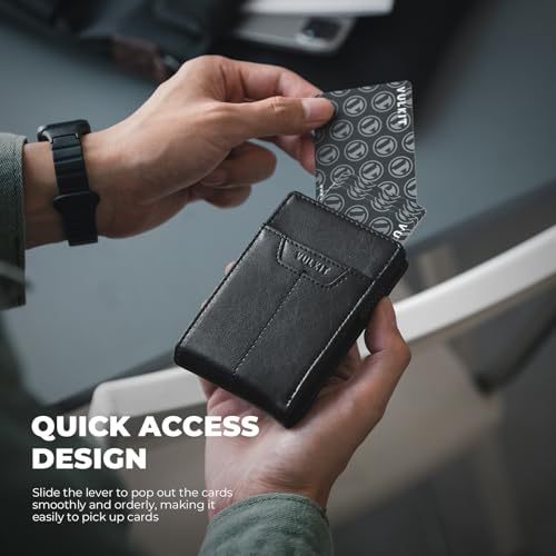 VULKIT Minimalist Wallet for Men - Pop Up Card Holder with RFID Blocking Slim Leather & Aluminum Front Pocket Wallet for Cash, Coins Black3