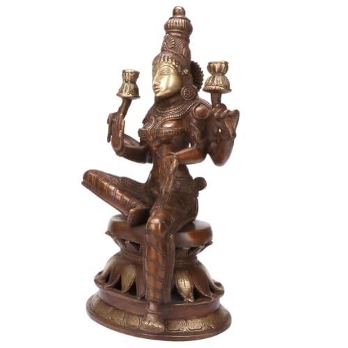 Image of Kartique Brass Lakshmi Idol on Lotus, 12 Inch for Home Temple (Bronze) | Handmade