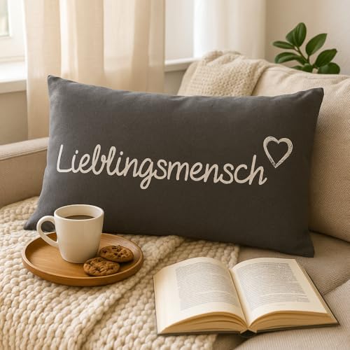 KAMACA Lieblingsmensch Kissen 30x50 cm Flauschig gefülltes Kuschelkissen grau mit Aufschrift und Reißverschluss Geschenk für Partner, Freundin, Kollegen oder Familie Bezug aus 100% Baumwolle (GRAU)