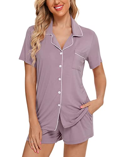 Image of Pjmlifecoco Women's Modal Pajama Set Short Sleeve Button Down Two Piece Soft Sleepwear with Shorts Loungewear S-XXL