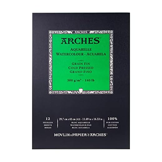 Arches - Papel de acuarela, bloc 12 hojas engomado 1 lado, grano fino, 300 g/m², A3