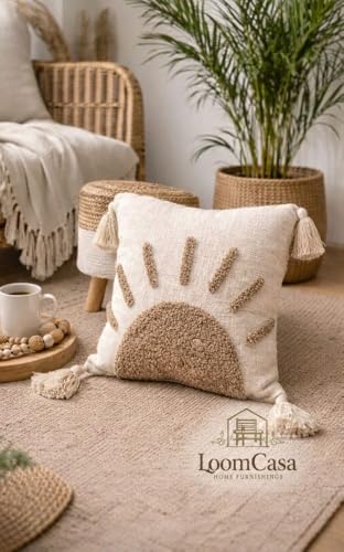 Image of Cushion Cover Pack of 2 (16x16 Inches) | Cotton Textured Decorative Throw Pillow Case for Sofa Bed Living Room Tufted Cushion Cover with Tassels (Brown & Off White)