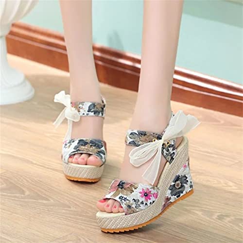 Women Platform Flat Sandals with Ribbon Wedge Ankle Buckle Strap Bowknot Shoes Floral Print Bohemian Beach Open Toe Espadrille Shoes2