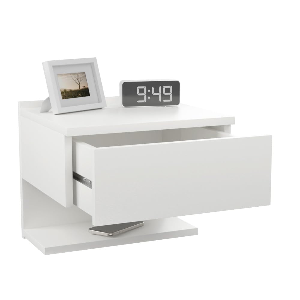 Mesita de Noche de Pared, Cajonera, Estante Colgando para Dormitorios, Mesa de Pared Delgada con Estante de Almacenamiento, Blanco. Tamaño: W35 x H30 x D31,6 cm