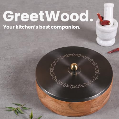 Image of Wooden Masala Box for Kitchen | 7 Stainless Steel Jars with Wooden Spoon | Stainless Steel Brass Lid with Knob | Multipurpose Spice Storage | GunMetal (Bloom Etching)