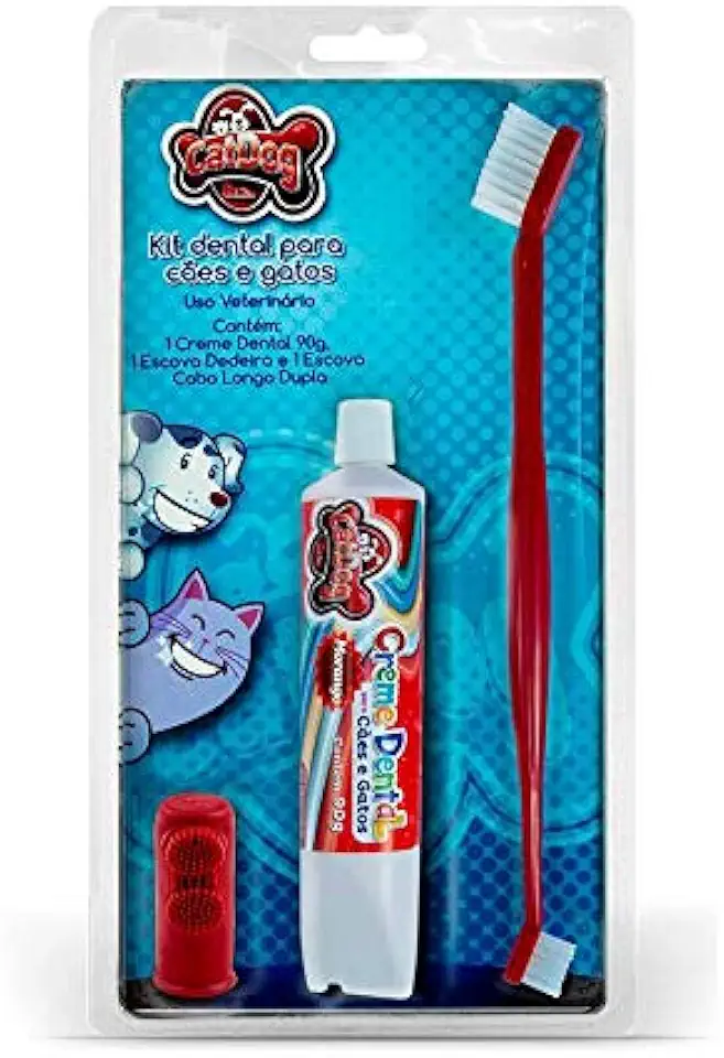 Kit Bucal para Cães e Gato, Dedeira para escovação bucal + Escova de dentes + Creme dental Morango 90g, Kit Anti-tártaro