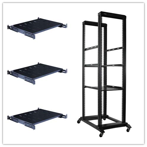 RAISING ELECTRONICS 42U 4 Post Open Frame 19inch Server/Audio Steel Rack Deep from 16inch-24inch (42U 24 deep) with 3 Shelves
