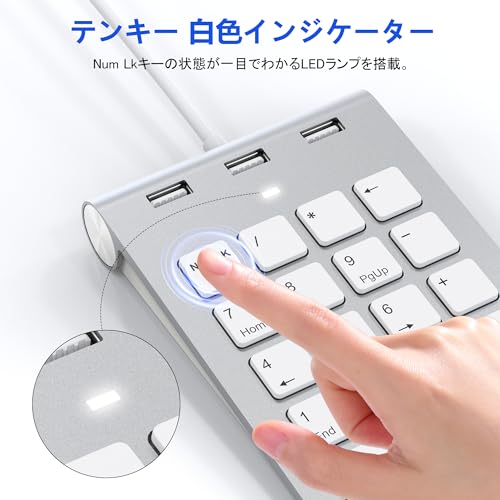 テンキー 有線 USB ハブ 3ポート バスパワー 薄型 18キー テンキーボード Mac用 USB-A接続 3つのUSB2.0ポートを装備 Mac キーボード テン キー PC/Laptop/Windows/iOS/Android 対応 多機能外付けテ ンキー