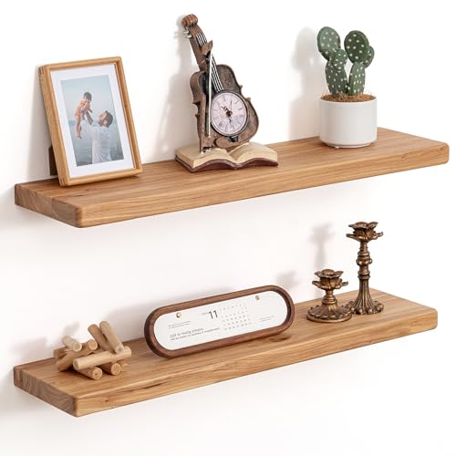 Image of Floating Shelves for Wall, 30 inchWx8 inchD Rustic Solid Elm Wood Floating Shelves Wall Mounted, Round Edge Wall Shelves with Invisible Bracket for Living Room Bathroom Bedroom Kitchen, Set of 2, Natural