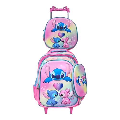 Kit Mochila Escolar Infantil Stitch com rodinhas com mochila lancheira e estojo