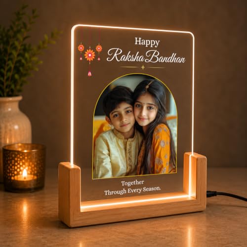 Image of Personalized Raksha Bandhan Acrylic LED Lamp with Custom Photo (Design 4) | Night Light, Brother Sister, Free Rakhi Included, Custom Photo
