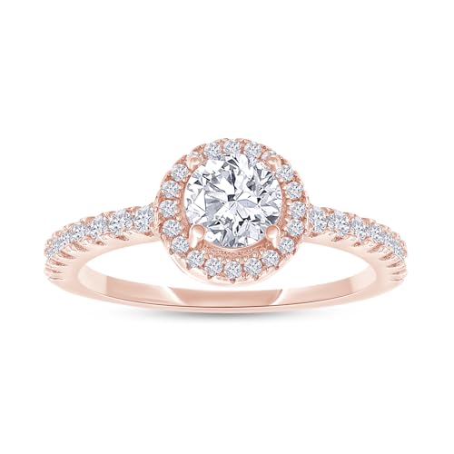 18K Gold Plated Halo Ring | Center 5MM Moissanite Diamond Ring for Women | Round Engagement Promise Rings for Her (0.70 Ctw)
