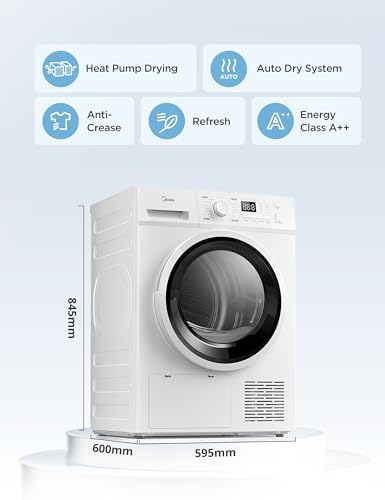 Midea MDG09EH80 Freestanding Heat Pump Dryer, 8kg load, 16 Programmes, Auto-Dry, Anti-Crease, Delay Start, Child Lock, White, Pack 1 - Image 2