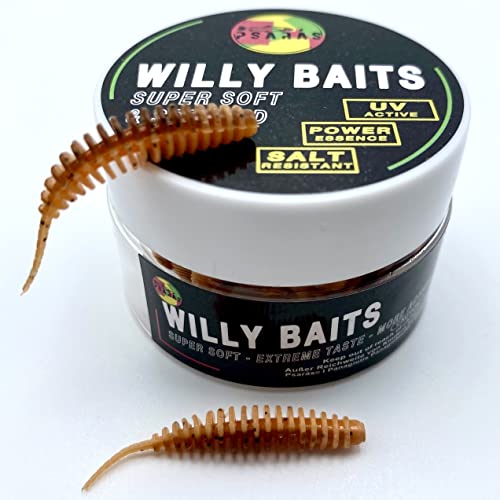 Willy Baits - 38mm - Forellen Softbaits Box - Knobi Aroma Lamellen Gummiwürmer - Trout Fishing (braun-Creme 20 STK. in der Box | Ködergröße 38 mm)