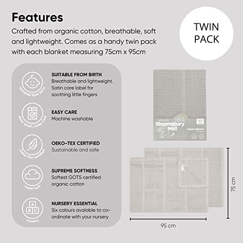 Bloomsbury Mill - Twin Pack - 100% Pure Organic Cotton - Extra Soft Cellular Baby Blankets  Swaddle Blanket  Baby Essentials for Newborn  Cot Bed / Pram / Travel / Moses Basket - Grey
