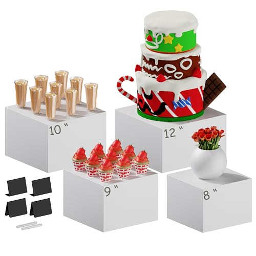 4 PCS 12" to 8" White Buffet Risers with Mini Sign and Makers, Large Food Risers for Buffet Table, Display Shelf Stands for Party, Catering, Dessert, Jewelry Collectibles, Nesting Cube Boxes with Hollow Bottoms Set (12",10",9",8")