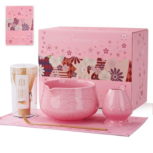 ZENS Matcha Set Pink, Japanese Matcha Tea Ceremony Kit, 5pcs Matcha Tea Set with Bamboo Whisk and Ceramic Bowl & (Chasen Holder) Scoop, Soft Towel, Gift for Matcha Latte Lover