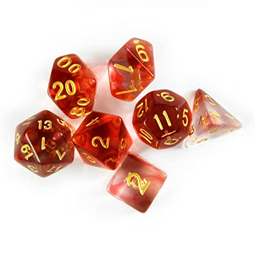7 dados poliedricos transparentes con degradado rojo con bolsa.